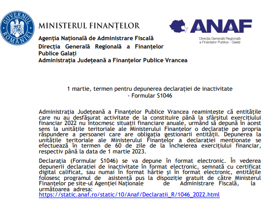 ANAF – 01 martie 2023, termen pentru depunerea declarației de inactivitate – Formular S1046