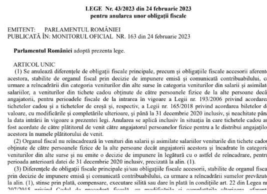 Legea nr. 43/2023 – anulare obligații fiscale la tichetele cadou (info oficial ANAF si text integral)