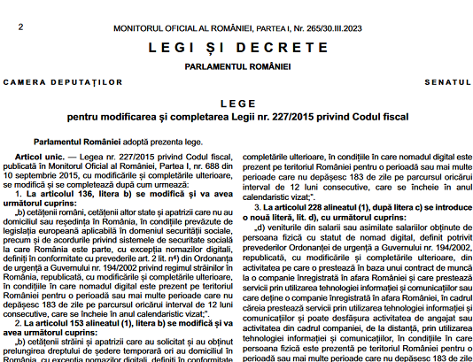 Legea nr. 69/2023 – pentru modificarea și completarea Legii nr. 227/2015 privind Codul fiscal (nomazi digital)