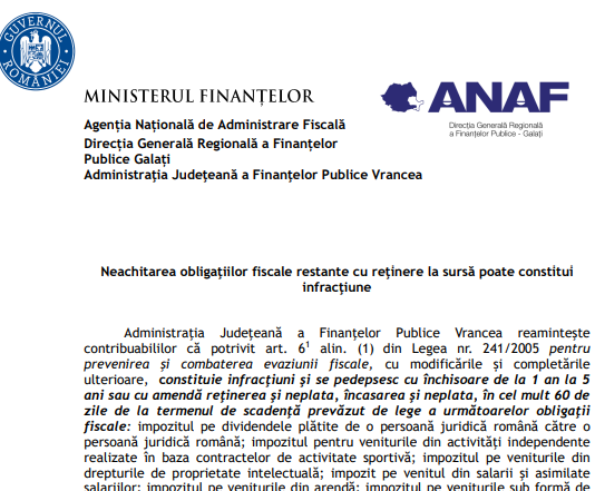 ANAF (oficial) – neachitarea obligațiilor fiscale restante cu reținere la sursă poate constitui infracțiune