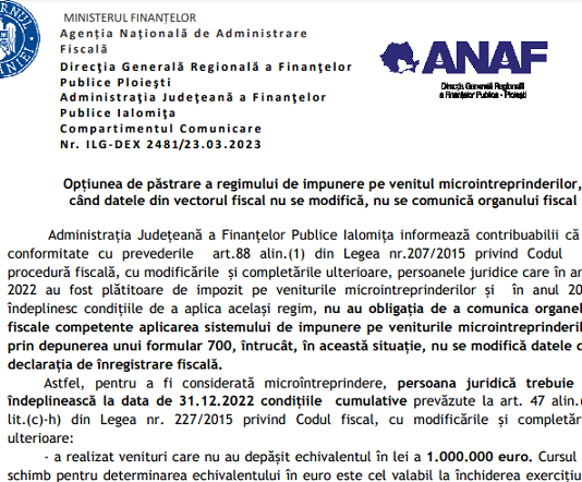 ANAF – opțiunea de păstrare a regimului de impunere pe venitul microintreprinderilor, când datele din vectorul fiscal nu se modifică, nu se comunică organului fiscal