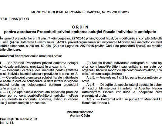 OMF nr. 1178/2023 – pentru aprobarea Procedurii privind emiterea soluției fiscale individuale anticipate