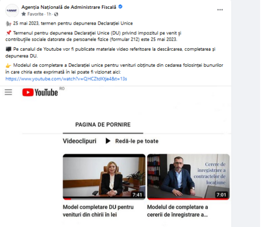 ANAF (video oficial 2023) – model completare Declarația Unică pentru venituri din chirii în lei