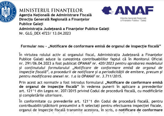 ANAF (oficial) – formular nou – „Notificare de conformare emisă de organul de inspecție fiscală”