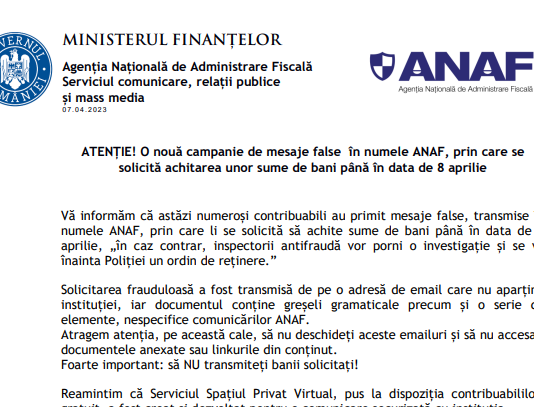 ATENȚIE – nouă campanie de mesaje false în numele ANAF, prin care se solicită achitarea unor sume de bani până în data de 8 aprilie