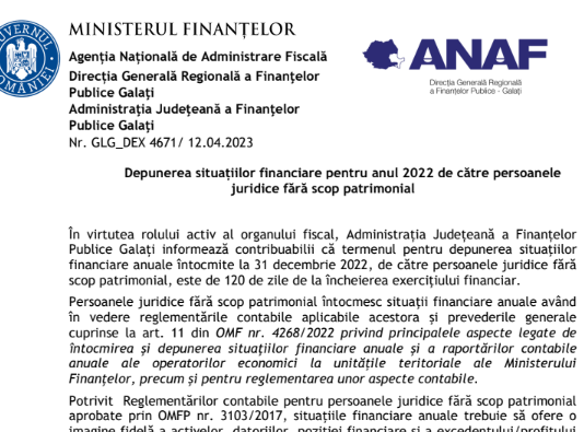 ANAF – depunerea situațiilor financiare pentru anul 2022 de către persoanele juridice fără scop patrimonial