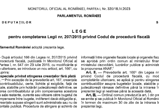 Legea nr. 93/2023 – modificări la Legea nr. 207/2015 privind Codul de Procedură Fiscală