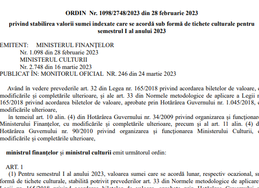 OMF nr. 1098/2023 – actualizare valoare tichete culturale (info si text integral – ANAF)
