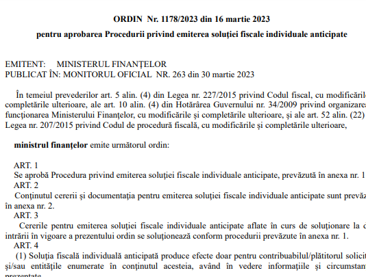 ANAF (oficial) – soluția fiscală individuală anticipată (care sunt modificările aduse de OMF nr. 1178/2023)