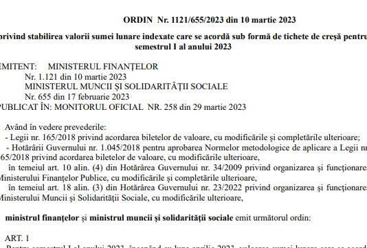 OMF nr. 1121/2023 – actualizare valoare tichete de creșă (info oficial ANAF si text integral)