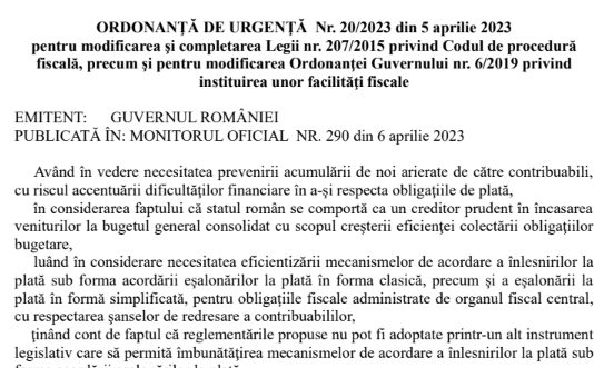 OUG nr. 20/2023 – modificarea și completarea Legii nr. 207/2015 (CPF) și modificarea OG nr. 6/2019 (facilități fiscale)