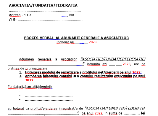 Proces-Verbal Adunare Generala Asociați ONG (model gratuit si orientativ 2023) – dosar bilanț la 31.12.2022
