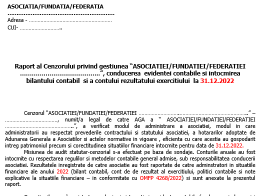 Raport cenzor/cenzori pentru bilanț contabil la 31.12.2022 (asociații/fundații/federații – ONG-uri) – model editabil si orientativ (2023)
