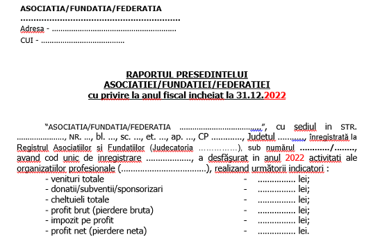 Raport Președinte ONG la bilanț/situații financiare la 31.12.2022 – model necesar pentru dosar BILANȚ in 2023 (gratuit și orientativ)