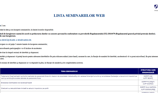 Lista SEMINARIILOR WEB ANAF – ce se vor desfășura in luna APRILIE a anului 2023 (cheltuieli cu deductibilitate limitată, arendarea bunurilor agricole, etc.)