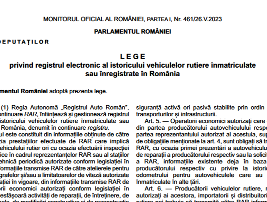 Legea nr. 142/2023 – privind registrul electronic al istoricului vehiculelor rutiere înmatriculate sau înregistrate în România