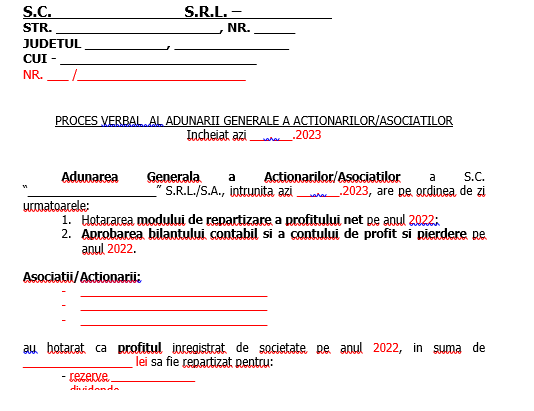 Raport/Proces-Verbal pentru Adunare Generala Asociați/Acționari (model 2023, pentru situație profit) – pentru dosar bilanț 31.12.2022