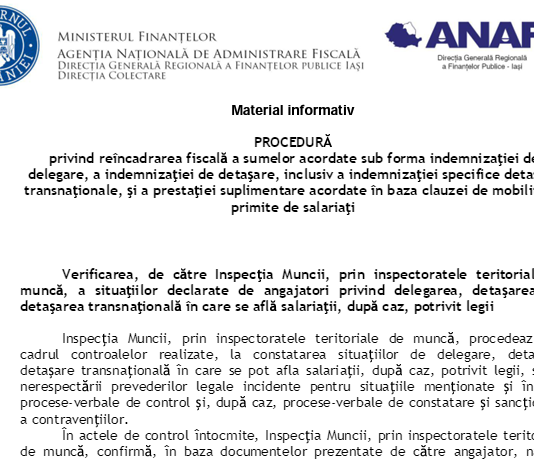 Procedura privind reîncadrarea fiscală – indemnizație delegare, indemnizație detașare, indemnizație specifică detașării transnaționale, prestație suplimentă acordată în baza clauzei de mobilitate