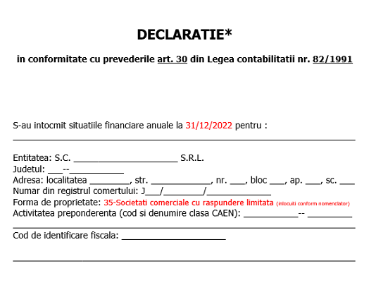 Declarație în conformitate cu prevederile art. 30 din Legea contabilității nr. 82/1991 (dosar bilanț 31.12.2022) – model 2023