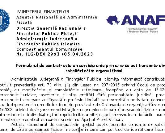 ANAF – formularul de contact este serviciul unic prin care se pot transmite diverse solicitări către organul fiscal (2023)