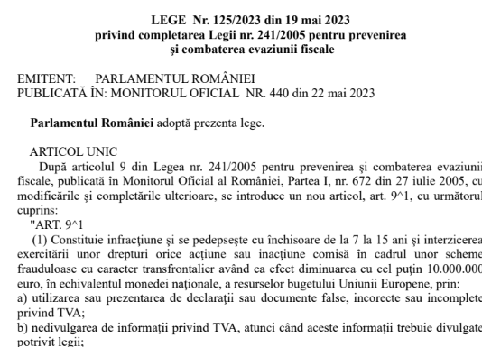 Legea nr. 125/2023 (info oficial si text integral) – completare lege evaziune fiscala (Legea nr. 241/2005)