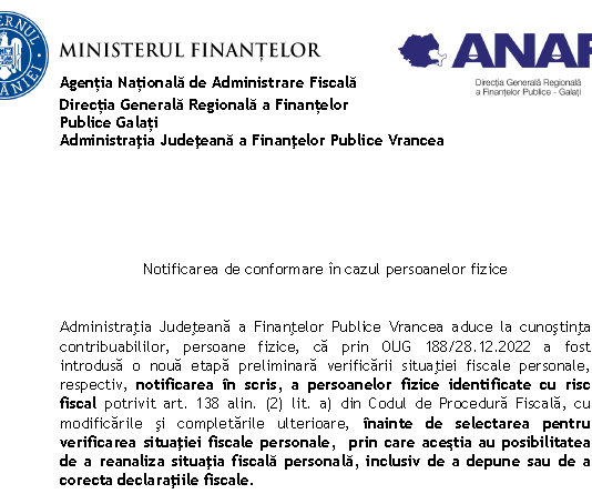 ANAF (oficial) – notificarea de conformare în cazul persoanelor fizice
