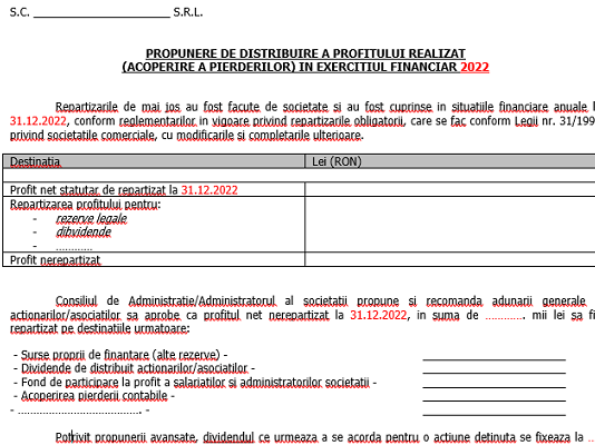 Dosar bilanț la 31.12.2022 (model 2023) – propunere de distribuire a profitului realizat (acoperire a pierderilor)