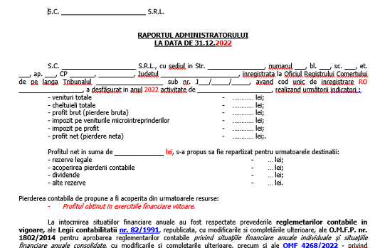 Raport Administrator pentru bilanț/situații financiare la 31.12.2022 – model 2023 (orientativ, editabil, gratuit)