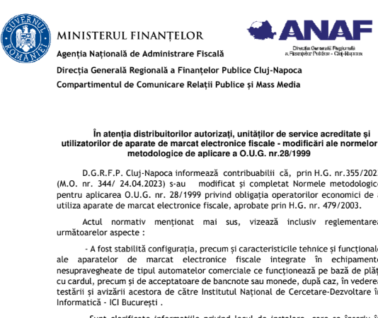 ANAF – in atenția distribuitorilor autorizați, unităților de service acreditate și utilizatorilor de aparate de marcat electronice fiscale (modificări ale normelor metodologice de aplicare a O.U.G. nr. 28/1999)