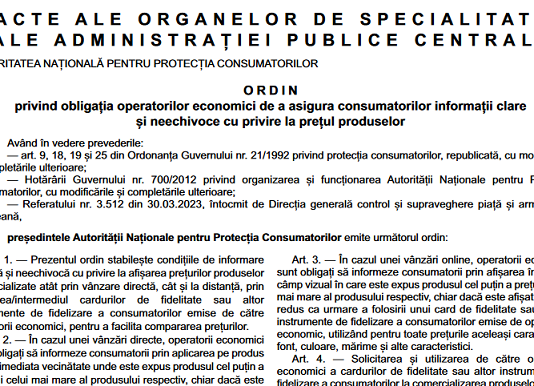 OANPC nr. 182/2023 – obligații afișare prețuri produse comercializate prin vânzare directă/la distanță, prin utilizarea/intermediul cardurilor de fidelitate sau altor instrumente de fidelizare