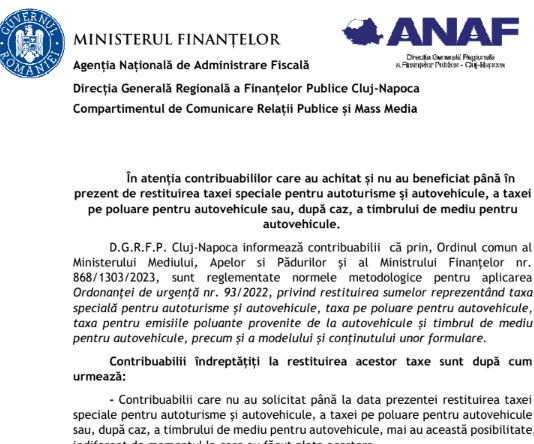ANAF – in atenția contribuabililor care au achitat și nu au beneficiat până în prezent de restituirea taxei speciale pentru autoturisme şi autovehicule, a taxei pe poluare pentru autovehicule sau, după caz, a timbrului de mediu pentru autovehicule