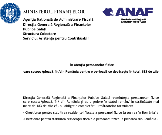 ANAF – in atenția persoanelor fizice care sosesc/pleacă, în/din România pentru o perioadă ce depășește în total 183 de zile