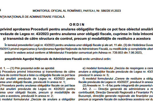 OPANAF nr. 906/2023 – procedura pentru anularea obligațiilor fiscale ce pot face obiectul anulării prevăzute de Legea nr. 43/2023