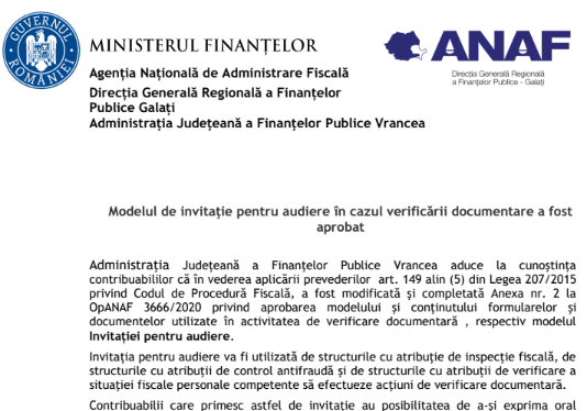 ANAF (2023) – modelul de invitație pentru audiere în cazul verificării documentare a fost aprobat