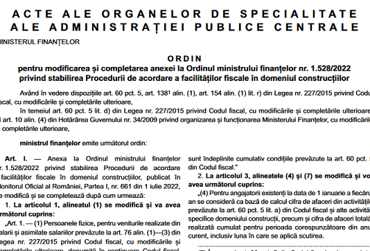 OMF nr. 2044/2023 – procedura nouă de acordare a facilităților fiscale în domeniul construcțiilor (modif. OMF nr. 1528/2022)