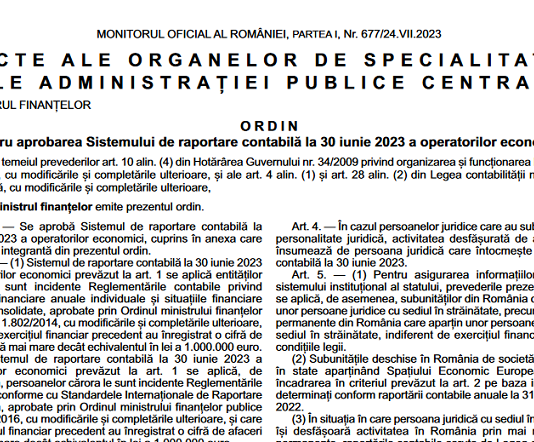 OMF nr. 2195/2023 – sistemul de raportare contabilă la 30 iunie 2023 a operatorilor economici (bilanț iunie 2023)