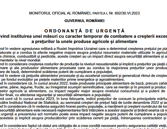 OUG nr. 67/2023 – instituirea unei măsuri cu caracter temporar de combatere a creșterii excesive a prețurilor la unele produse agricole și alimentare