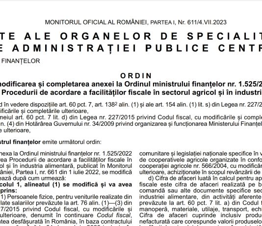 OMF nr. 2043/2023 – modificări facilități fiscale în sectorul agricol și în industria alimentară