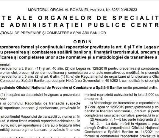 Ordin ONCPSB nr. 191/2023 – forma și conținut nou raport tranzacții suspecte și raport tranzacții numerar