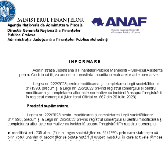 Legea nr. 222/2023 – modificarea și completarea Legii societăților nr. 31/1990, precum și a Legii nr. 265/2022 privind ONRC