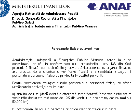 ANAF (oficial) – persoanele fizice cu averi mari (verificarea fiscală a ansamblului situației fiscale personale)