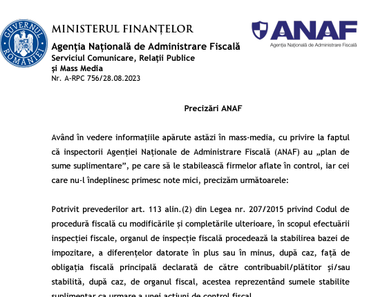 ANAF – precizări cu privire la „planul de sume suplimentare” al inspectorilor fiscali și cu privire la faptul că cei care nu-l îndeplinesc primesc note mici