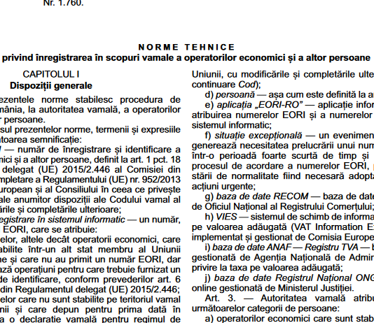 OAVM nr. 1760/2023 – aprobarea Normelor tehnice privind înregistrarea în scopuri vamale a operatorilor economici și a altor persoane