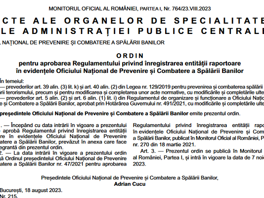 Ordin ONPCSB nr. 215/2023 – regulament nou privind înregistrarea entității raportoare în evidențele Oficiului Național de Prevenire și Combatere a Spălării Banilor