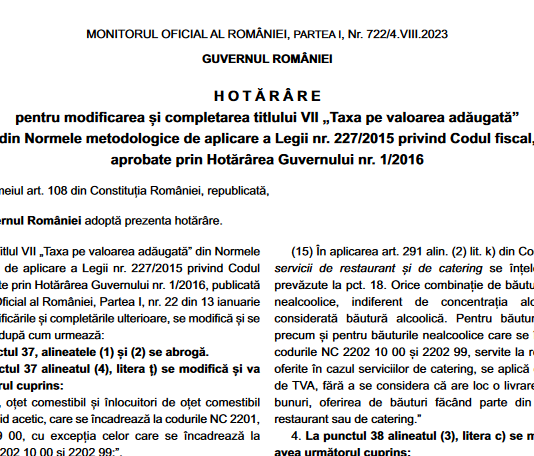 HG nr. 653/2023 – modificarea și completarea titlului VII „Taxa pe valoarea adăugată”, din Codul Fiscal