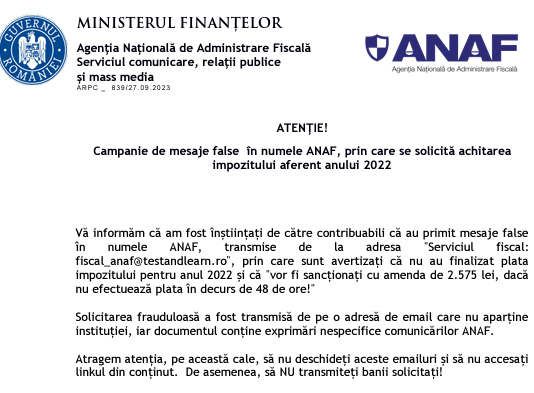 ATENȚIE – campanie de mesaje false în numele ANAF, prin care se solicită achitarea impozitului aferent anului 2022