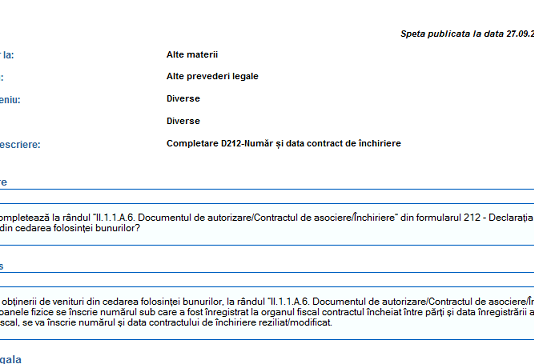 Completare număr și data contract de închiriere – in Declarația Unică (D 212) – speță oficială ANAF (2023)