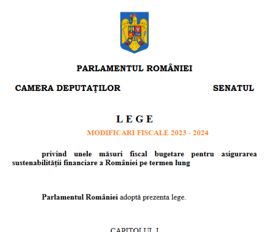 Legea nr. 296/2023 – privind unele măsuri fiscal bugetare pentru asigurarea sustenabilității financiare a României pe termen lung