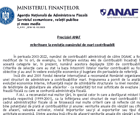 Precizări ANAF referitoare la evoluția numărului de mari contribuabili – in perioada 2003-2022