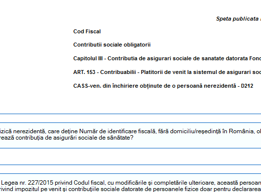 CASS pentru veniturile din închiriere obținute de o persoană nerezidentă – completare si declarare in Declarația Unică 212